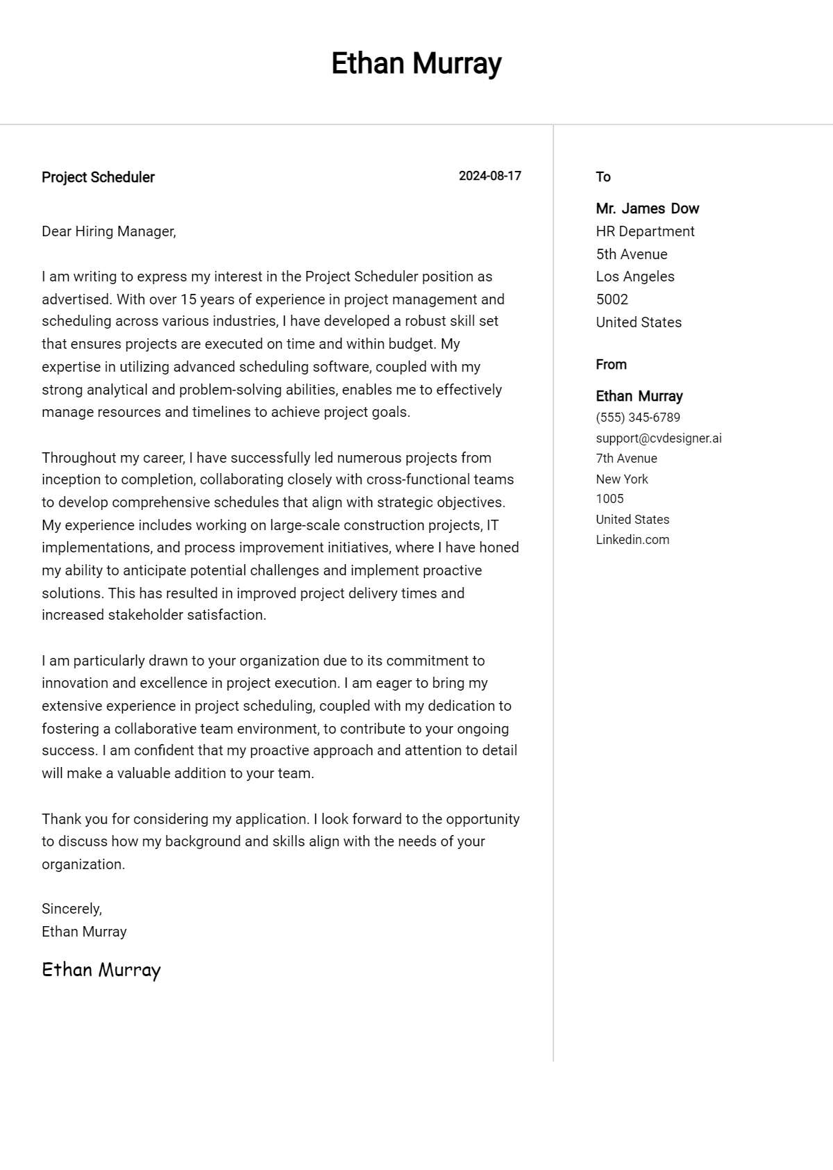 project scheduler cover letter example