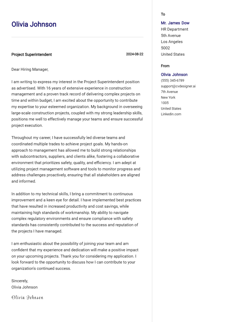 Project Superintendent Cover Letter Example for 2025: Free Templates 1 Project Superintendent Cover Letter Example for 2025: Free Templates