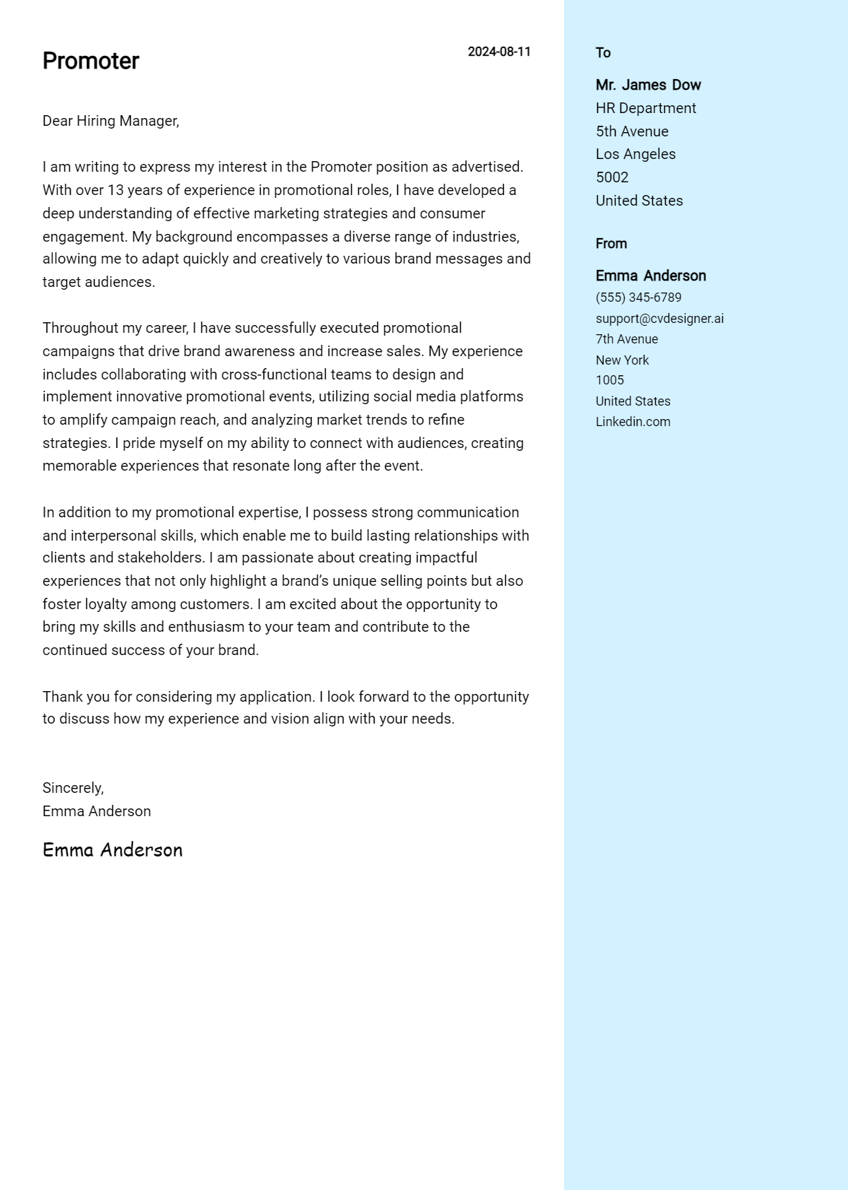 promoter cover letter example