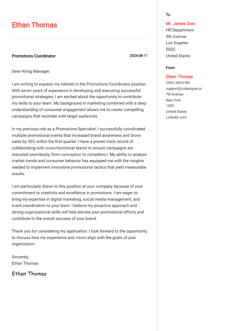 Promotions Coordinator Cover Letter Examples for 2025 (Downloadable)