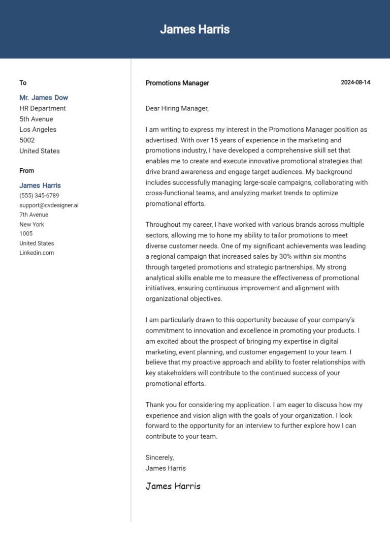 Promotions Manager Cover Letter Example for 2025: Free Templates
