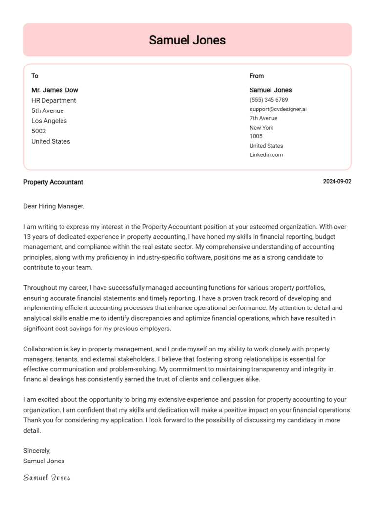 Property Accountant Cover Letter Examples with Writing Tips for 2025