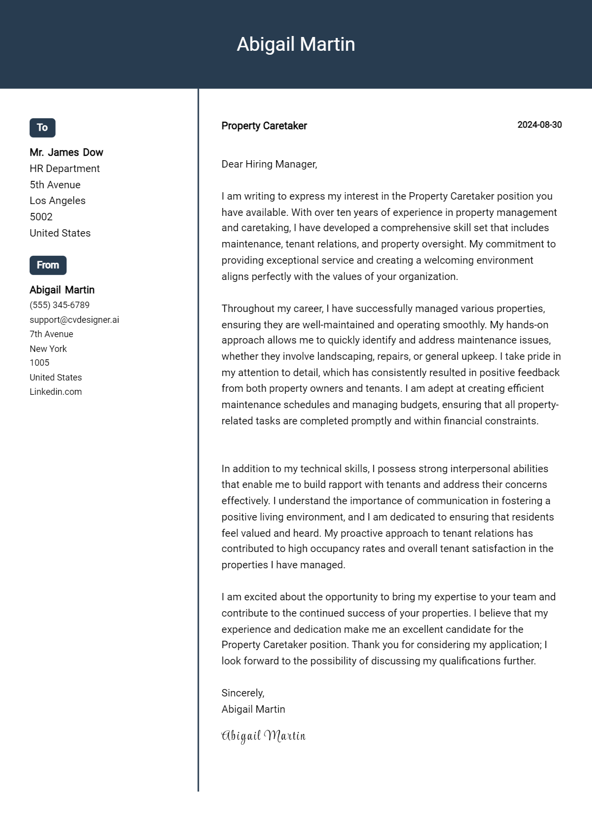 property caretaker cover letter example