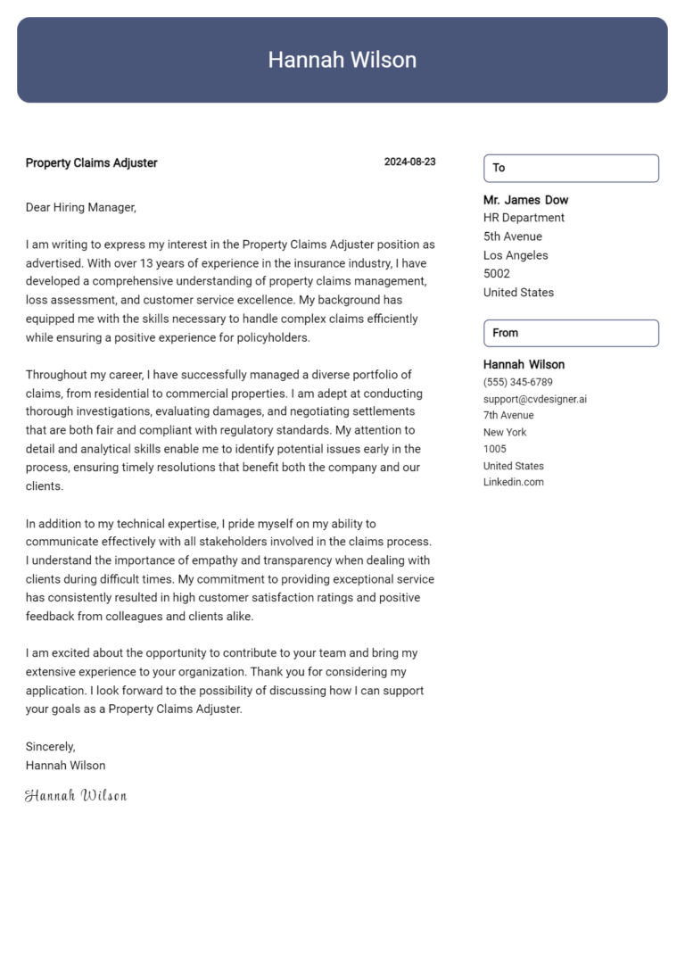 Property Claims Adjuster Cover Letter Samples & Examples 2025
