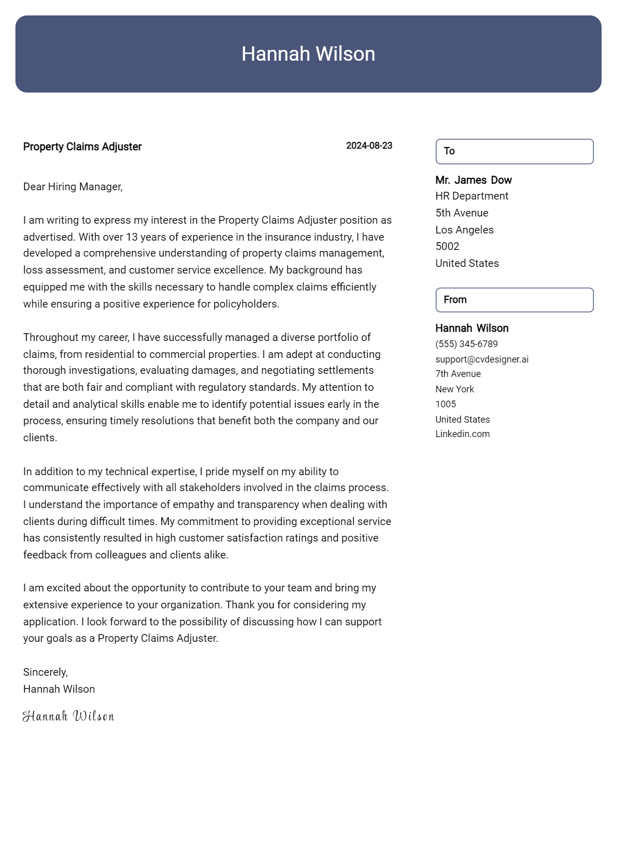 property claims adjuster cover letter example