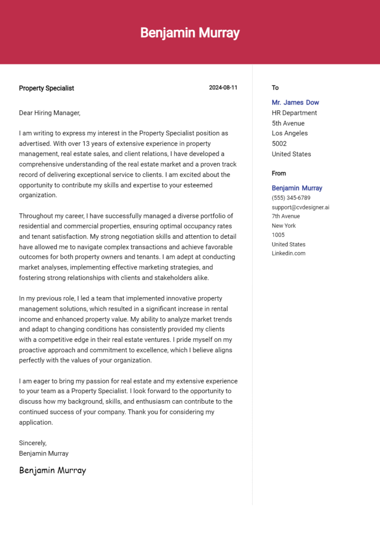 Property Specialist Cover Letter Example for 2025 (Writing Guide)