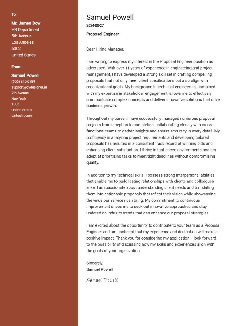 Proposal Engineer Cover Letter Examples with Writing Tips for 2025