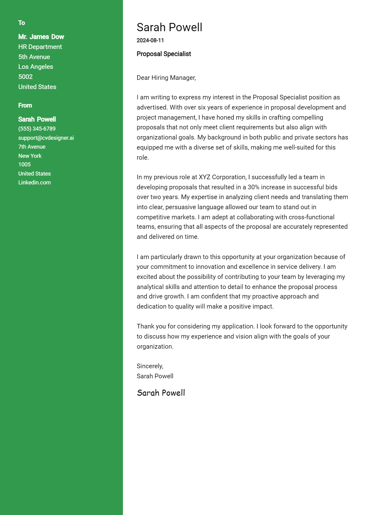 proposal specialist cover letter example