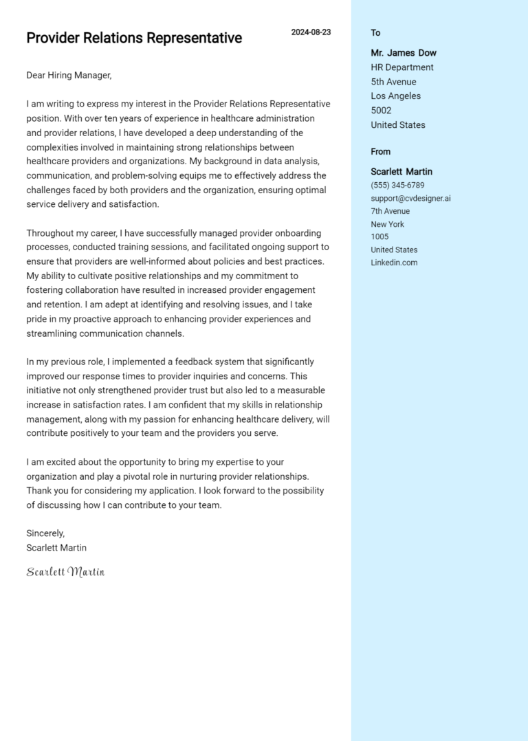 Provider Relations Representative Cover Letter Example for 2025 (Writing Guide) 1 Provider Relations Representative Cover Letter Example for 2025 (Writing Guide)