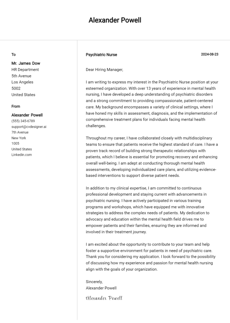 25 Psychiatric Nurse Cover Letter Examples for 2025 (Downloadable)