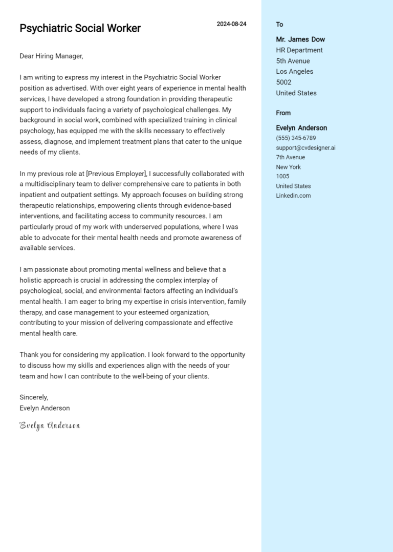 Psychiatric Social Worker Cover Letter Example for 2025 (Download Templates)