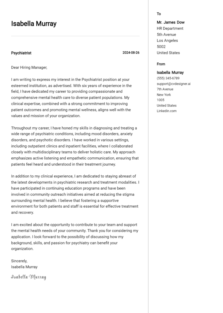 Psychiatrist Cover Letter Examples and Templates for 2025