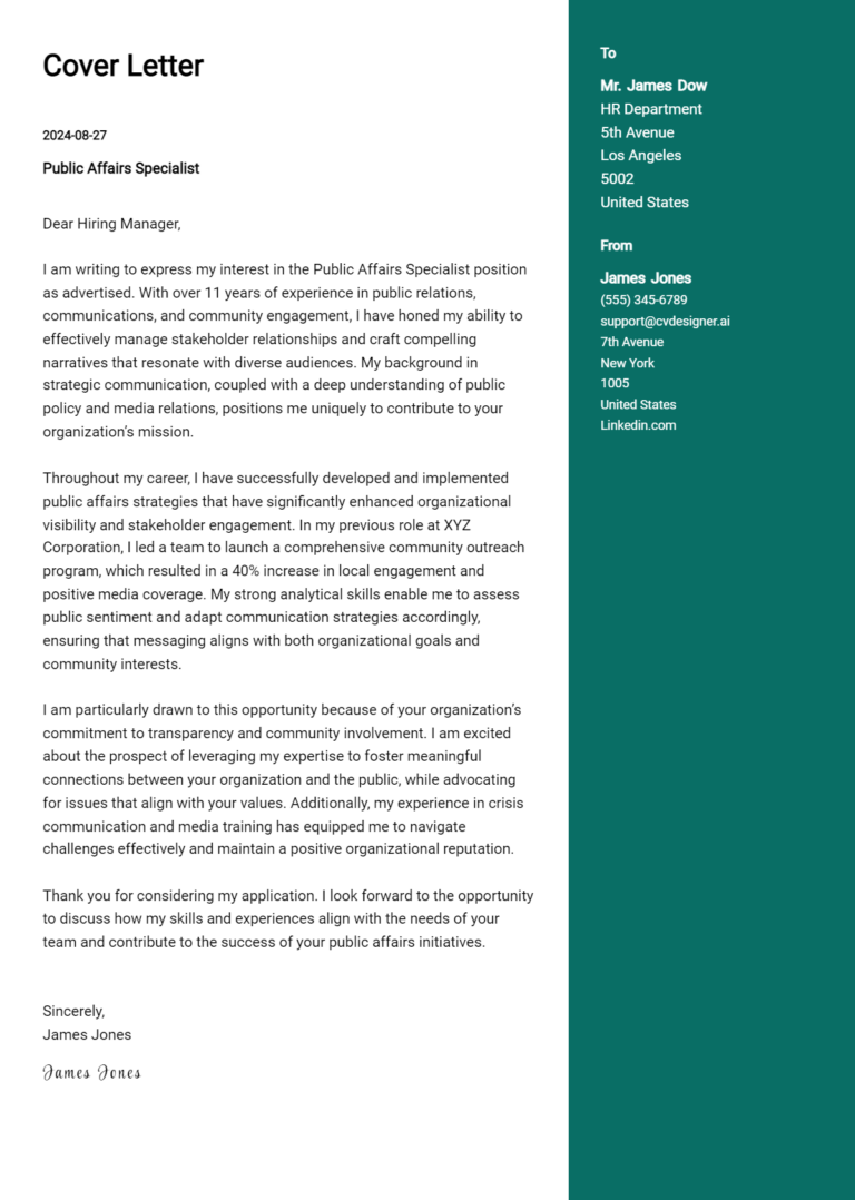 Public Affairs Specialist Cover Letter Example for 2025 (Download Templates)