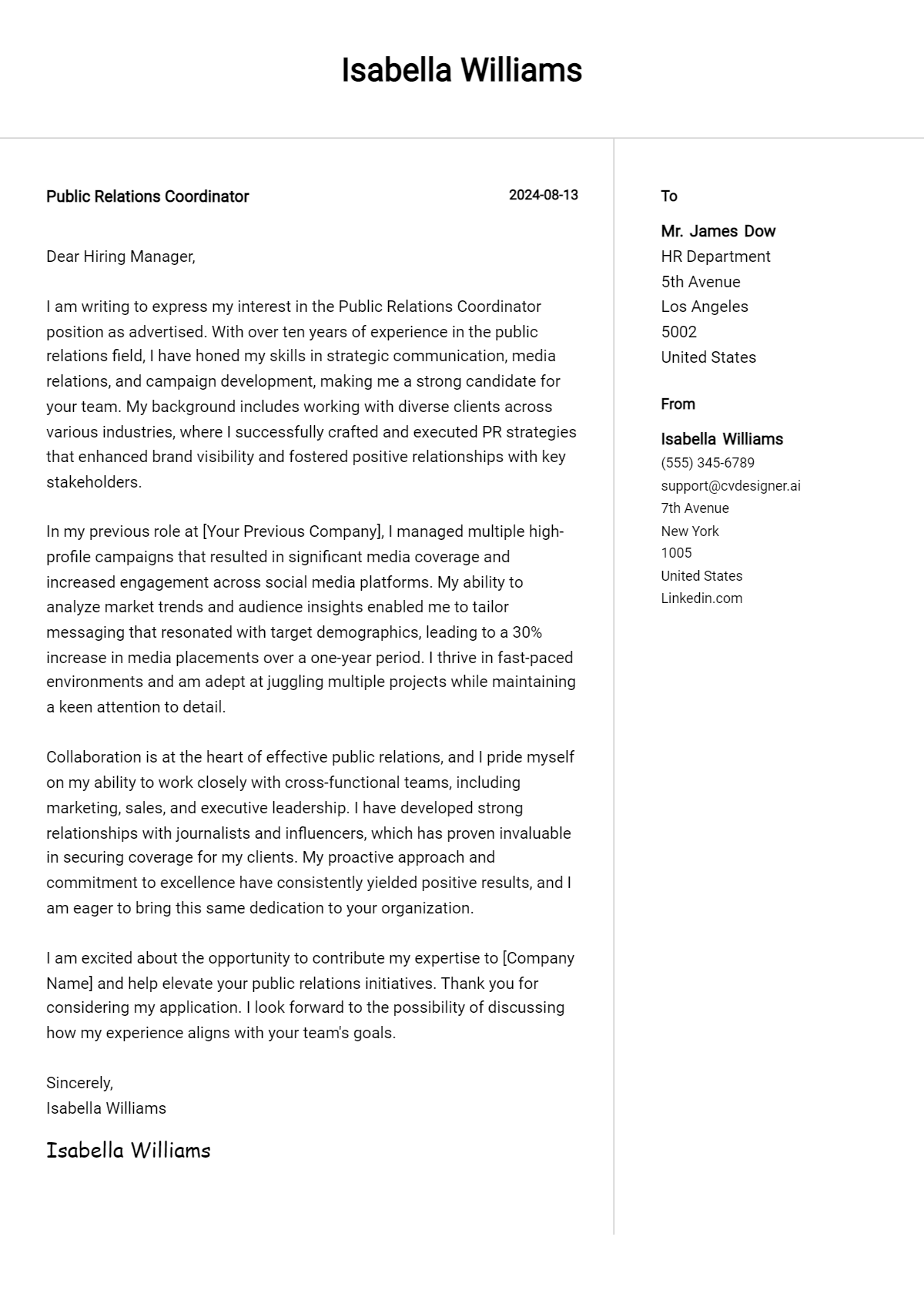public relations coordinator cover letter example