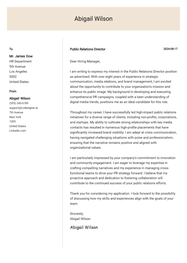 Public Relations Director Cover Letter Example for 2025: Free Templates