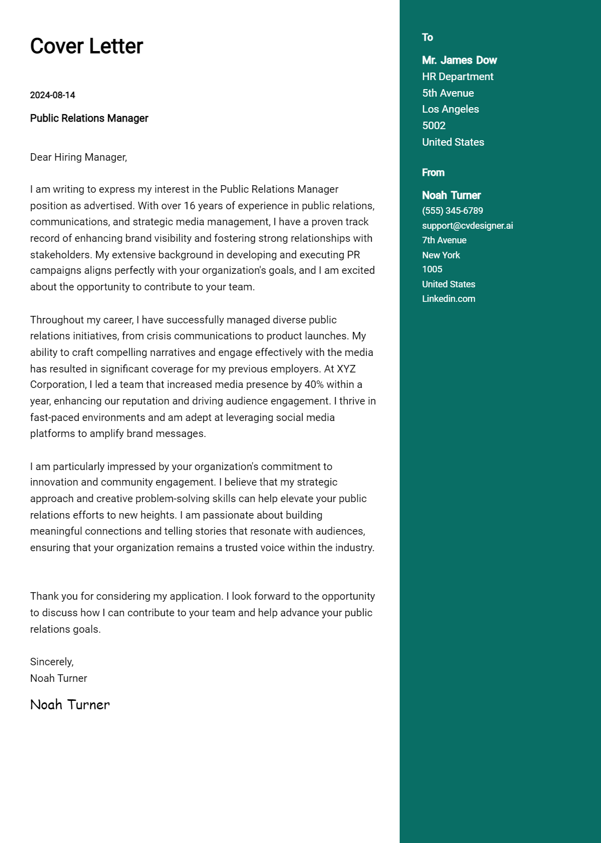 public relations manager cover letter example