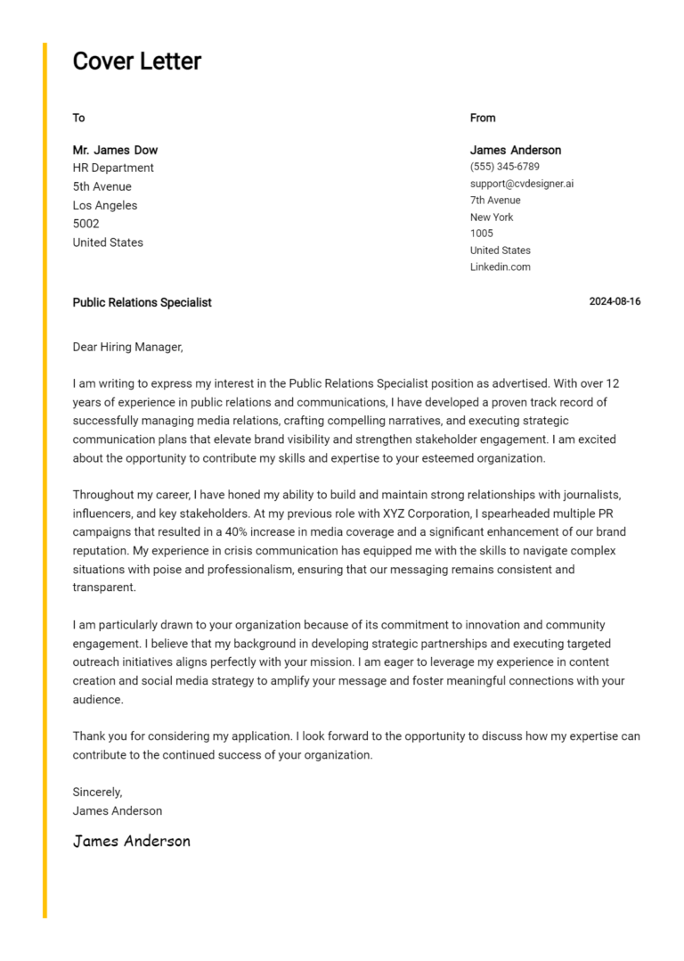 Public Relations Specialist Cover Letter Example for 2025 (Complete Writing Guide)
