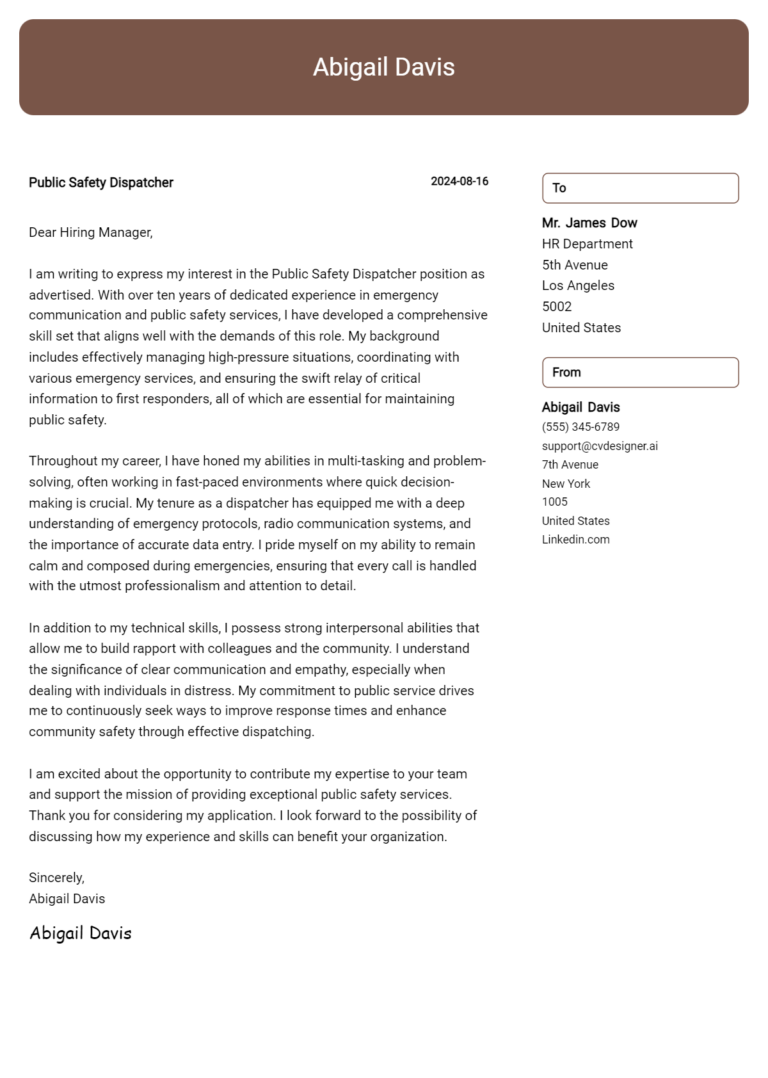 Public Safety Dispatcher Cover Letter Examples and Templates for 2025