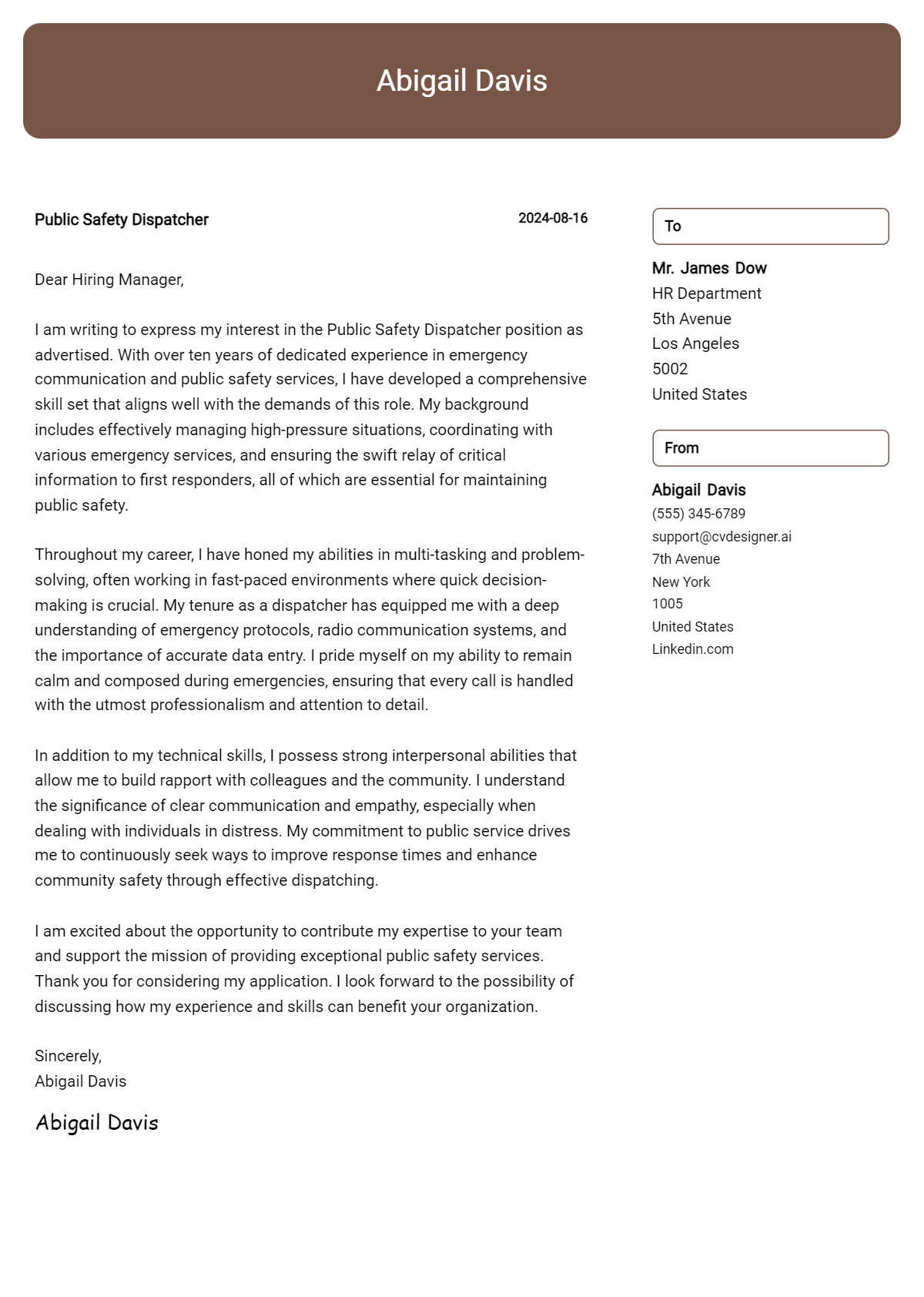 public safety dispatcher cover letter example