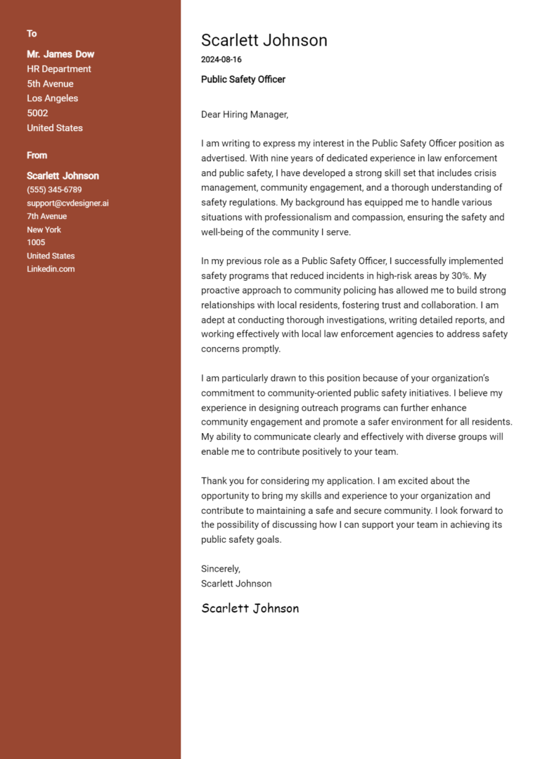 Public Safety Officer Cover Letter Example for 2025 (Download Templates) 1 Public Safety Officer Cover Letter Example for 2025 (Download Templates)