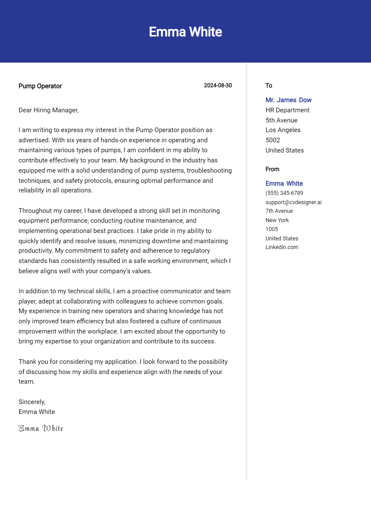 pump operator cover letter example