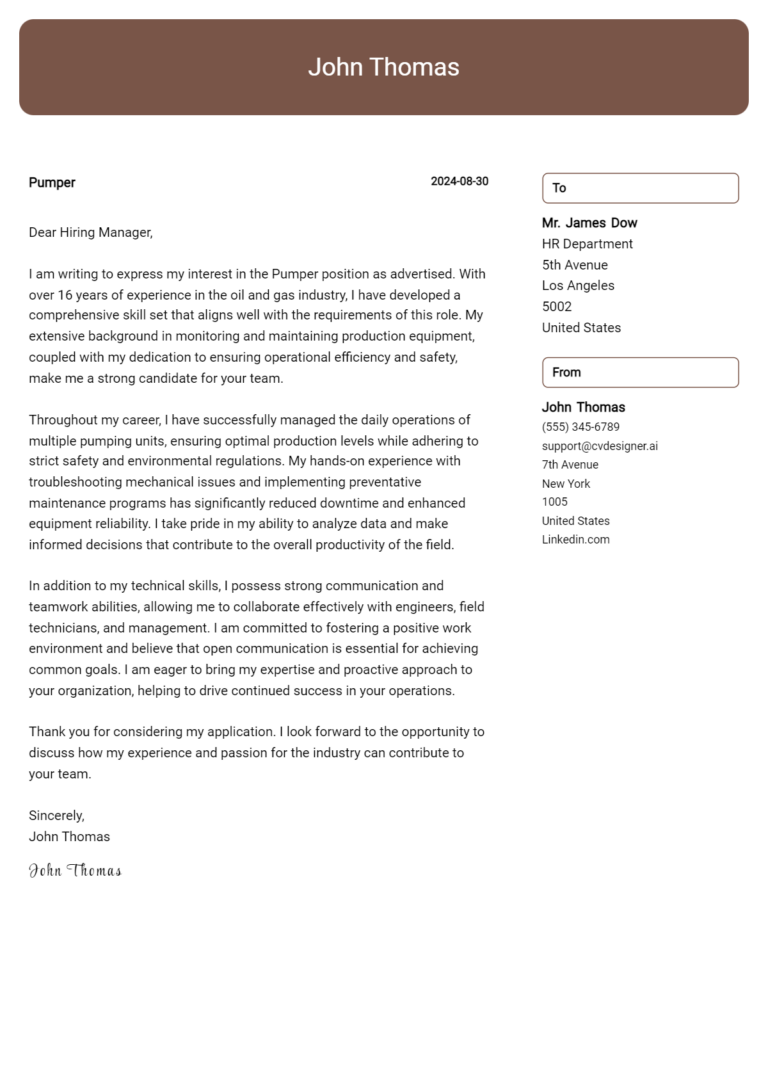 Pumper Cover Letter Example for 2025: Top CV Skills
