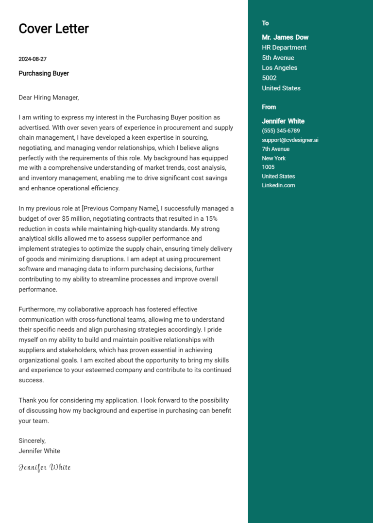 Purchasing Buyer Cover Letter Example for 2025: Top CV Skills