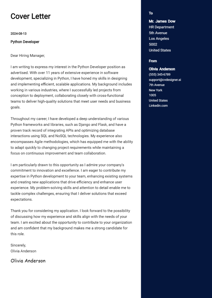 Python Developer Cover Letter Example For 2024 Expert Tips And Templates Cvdesigner Ai