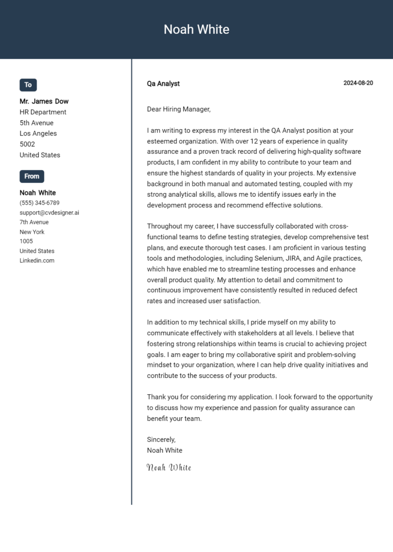 QA Analyst Cover Letter Examples & Samples for 2025