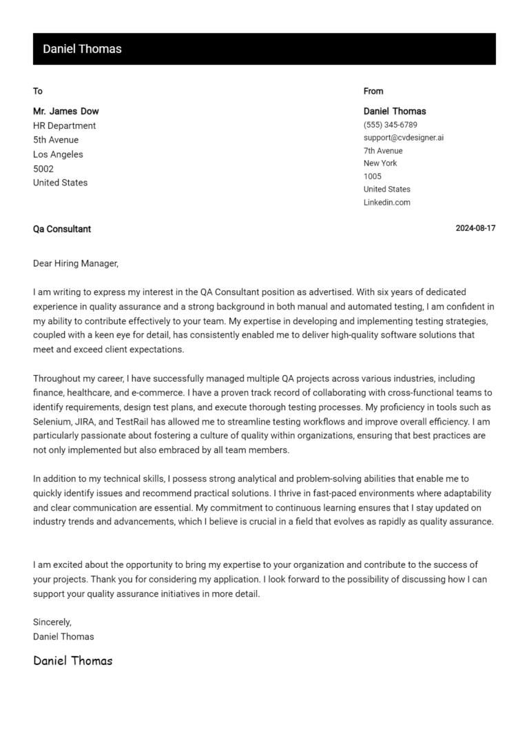 14 QA Consultant Cover Letter Examples and Templates for 2025