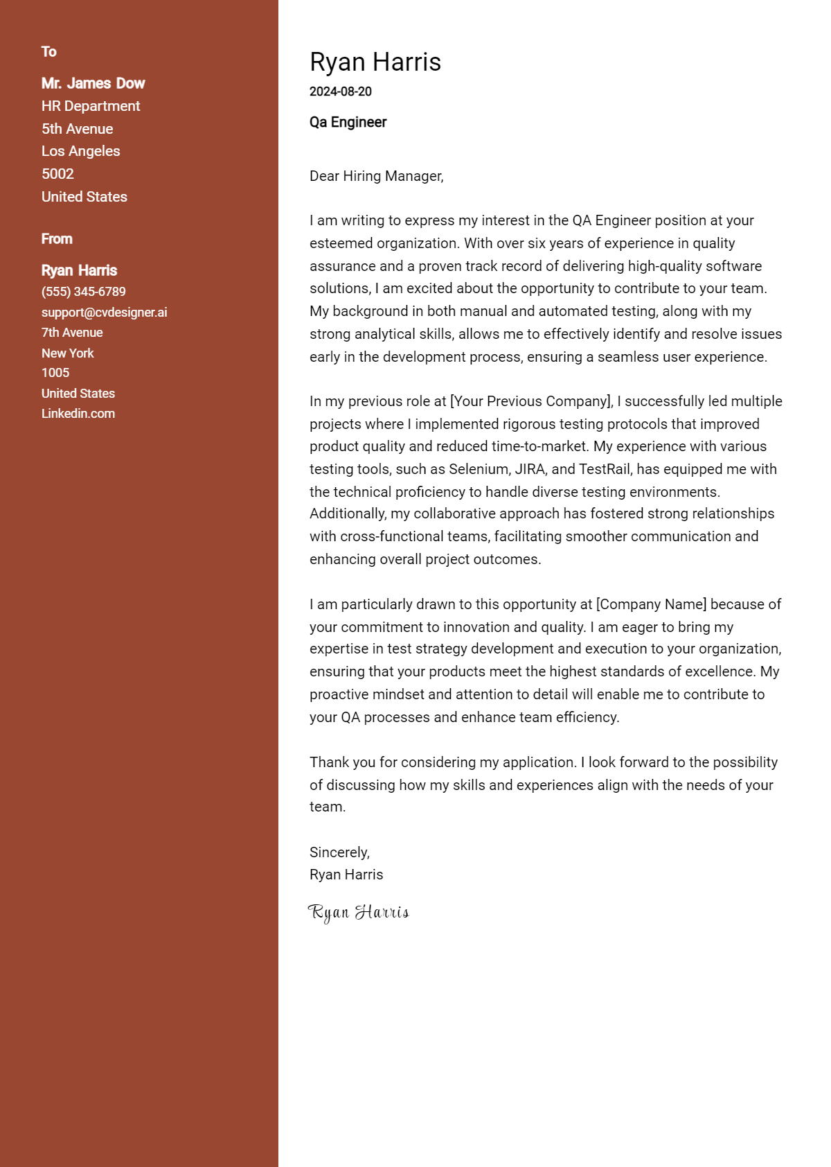 qa engineer cover letter example