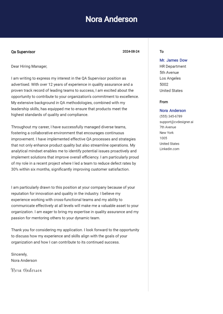 QA Supervisor Cover Letter Example for 2025 (Free Templates) 1 QA Supervisor Cover Letter Example for 2025 (Free Templates)