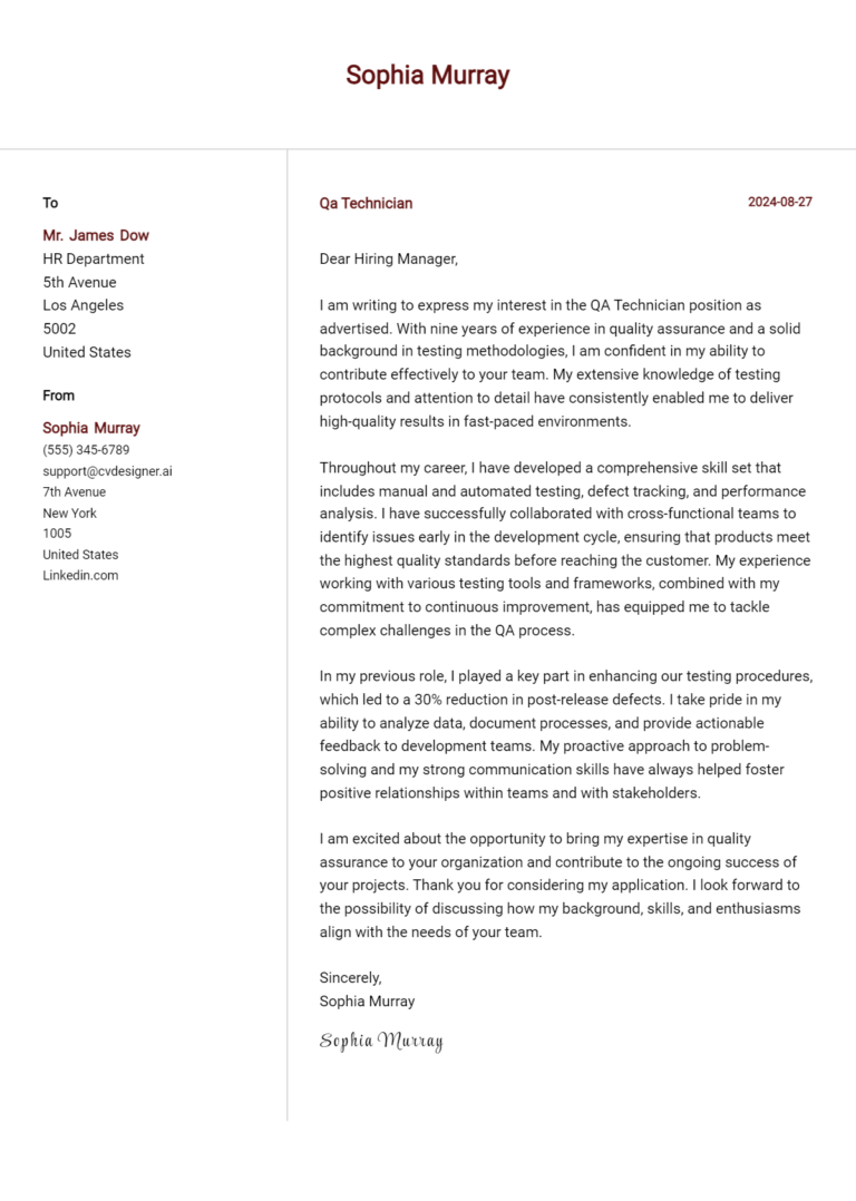 QA Technician Cover Letter Example for 2025: Ultimate Guide