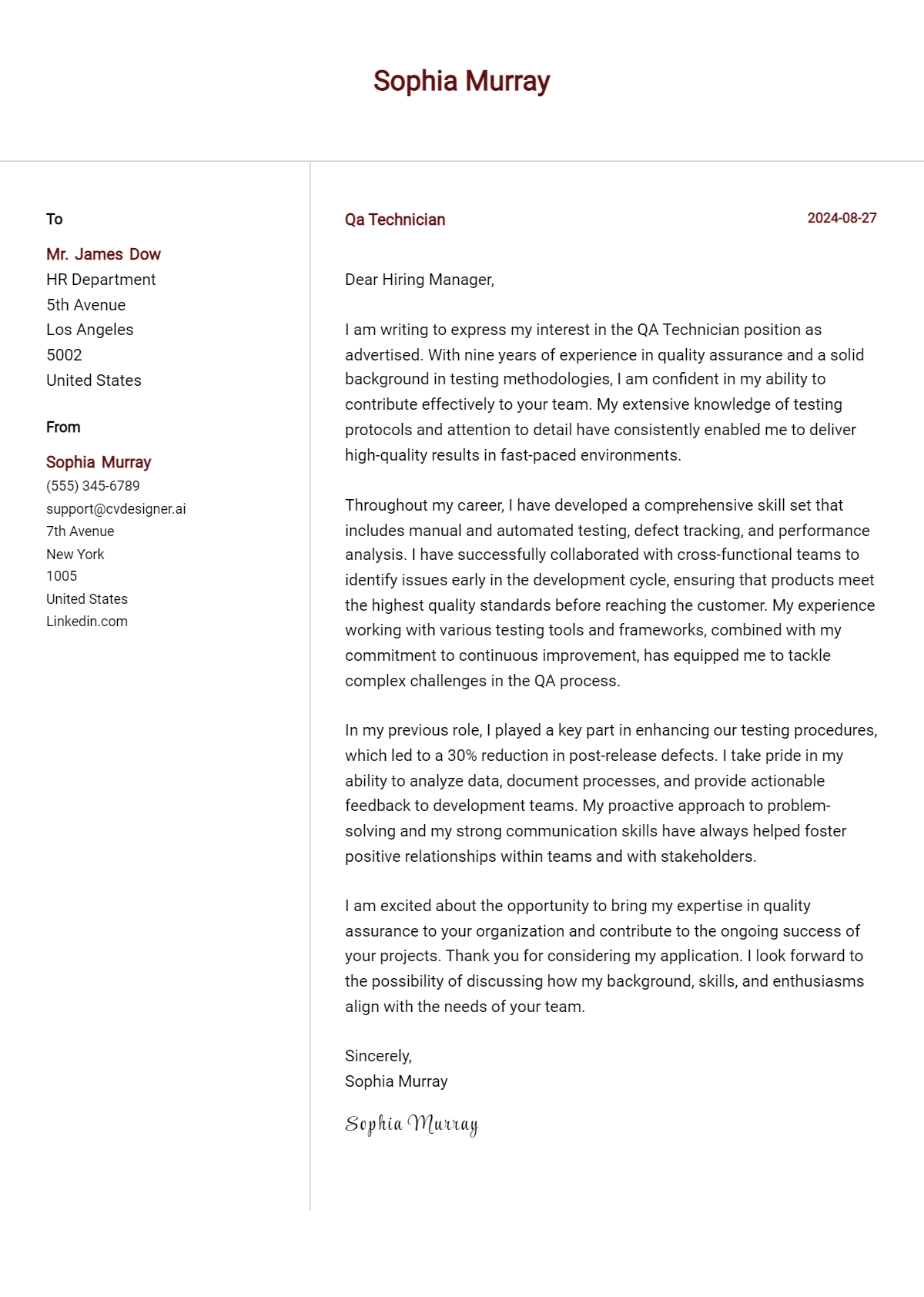 qa technician cover letter example