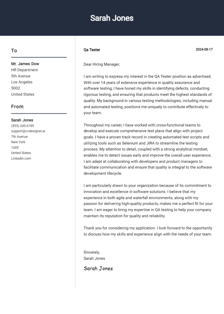 qa tester cover letter example