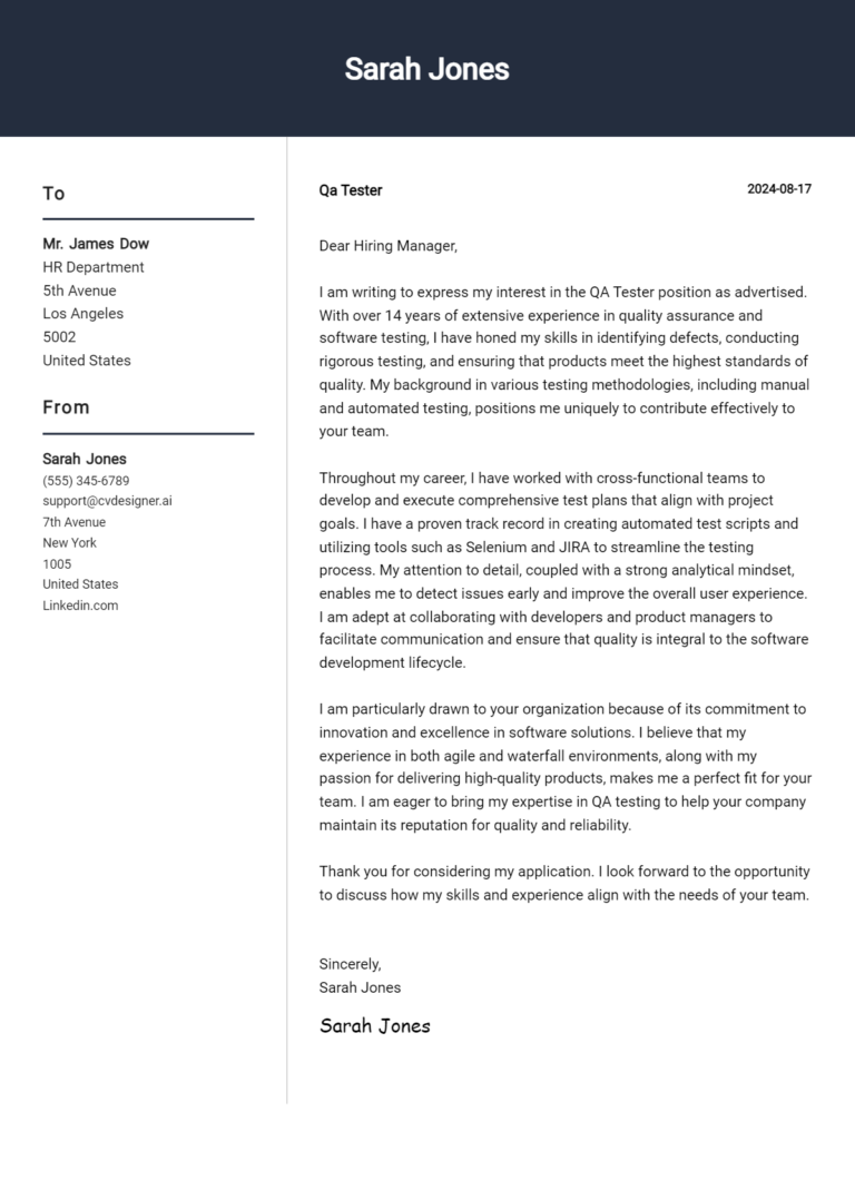 14 QA Tester Cover Letter Examples & Samples for 2025 1 14 QA Tester Cover Letter Examples & Samples for 2025