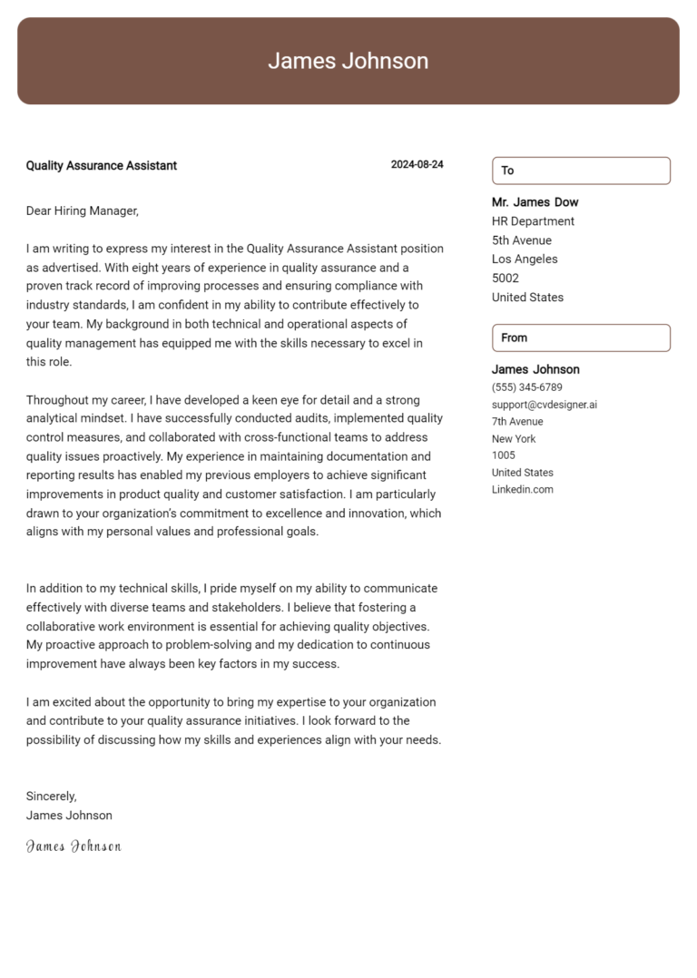 Quality Assurance Assistant Cover Letter Examples with Writing Tips for 2025