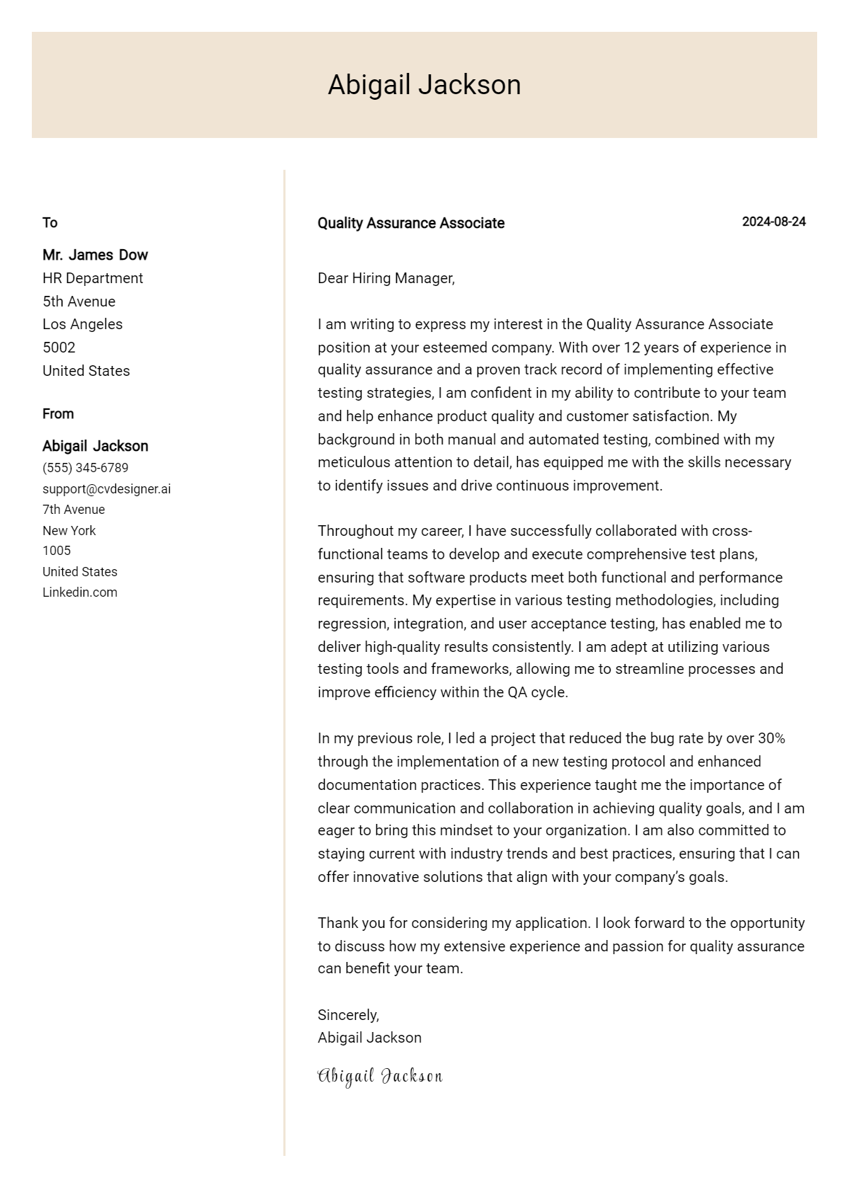 quality assurance associate cover letter example