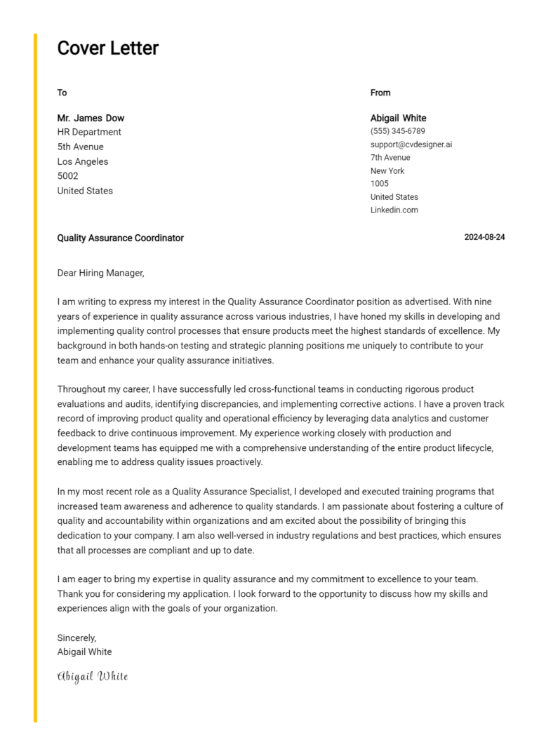 Quality Assurance Coordinator Cover Letter Samples & Examples 2025 1 Quality Assurance Coordinator Cover Letter Samples & Examples 2025