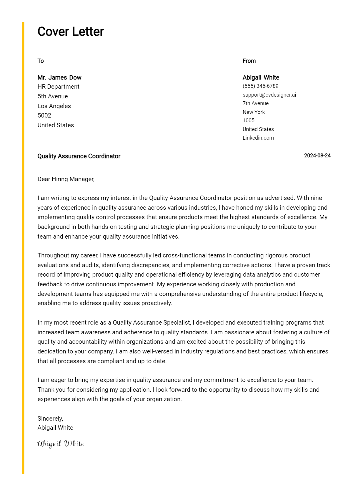 quality assurance coordinator cover letter example