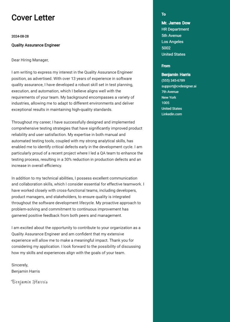 Quality Assurance Engineer Cover Letter Examples with Writing Tips for 2025