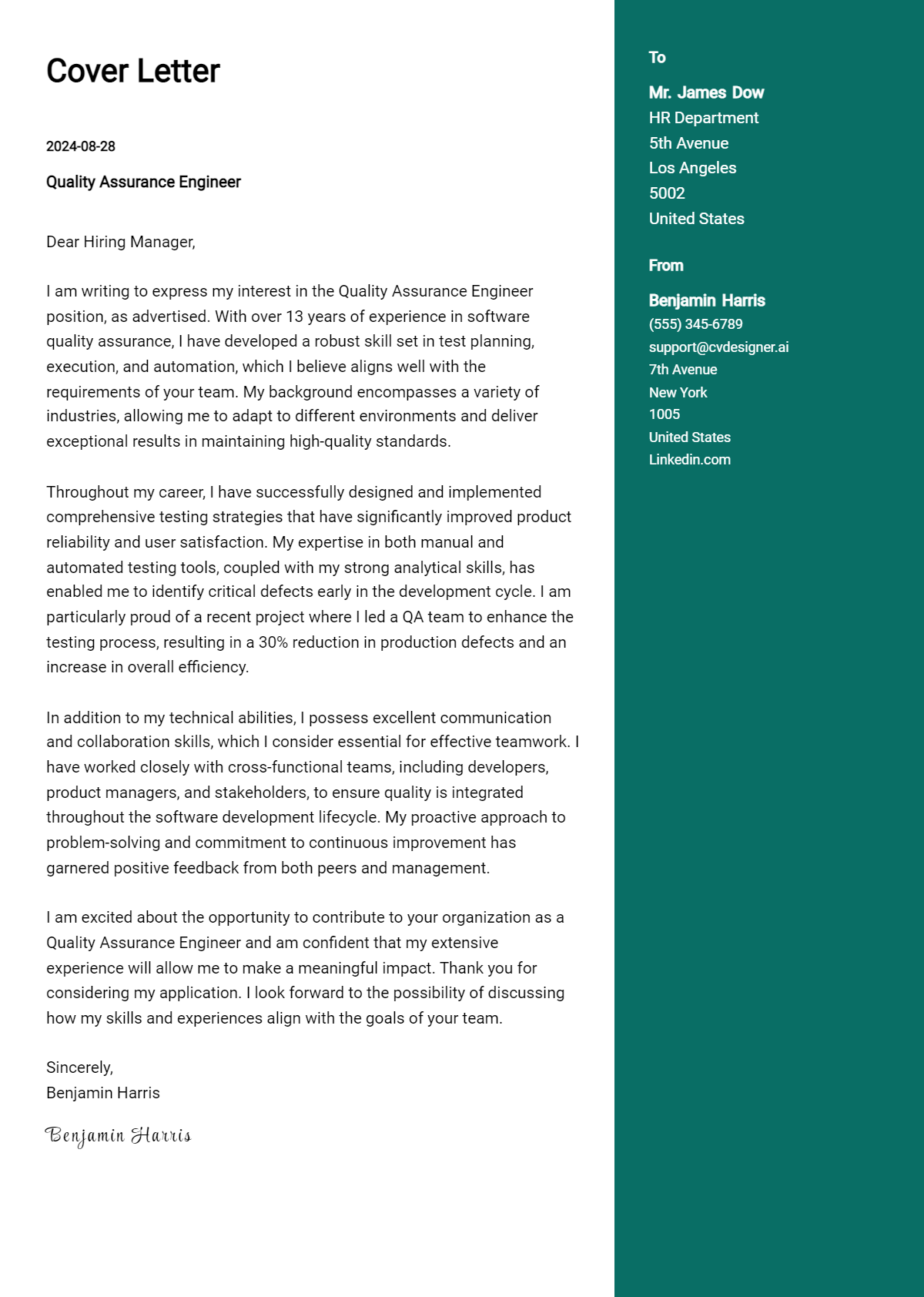quality assurance engineer cover letter example