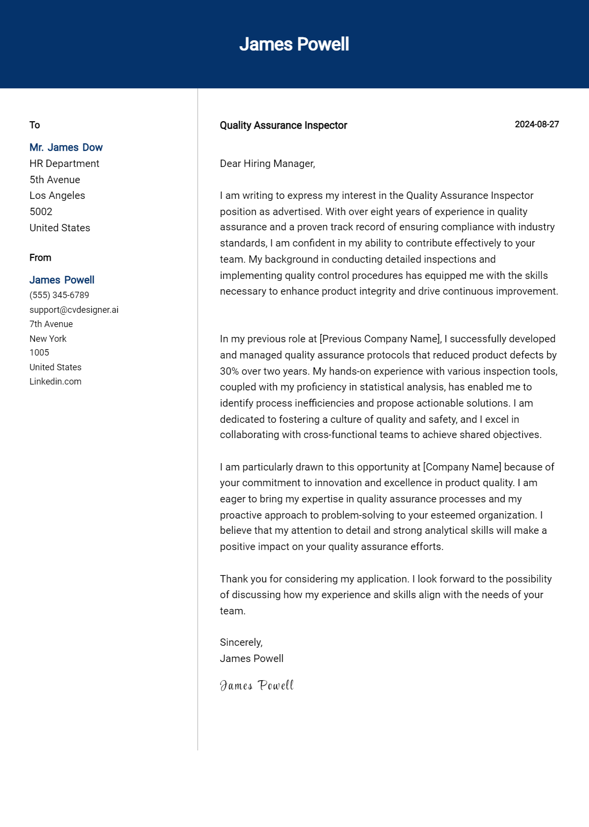 quality assurance inspector cover letter example