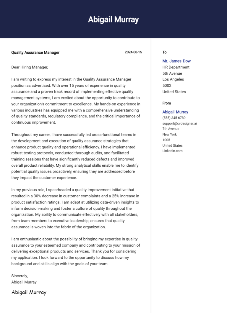 Quality Assurance Manager Cover Letter Example for 2025: Proven Tips