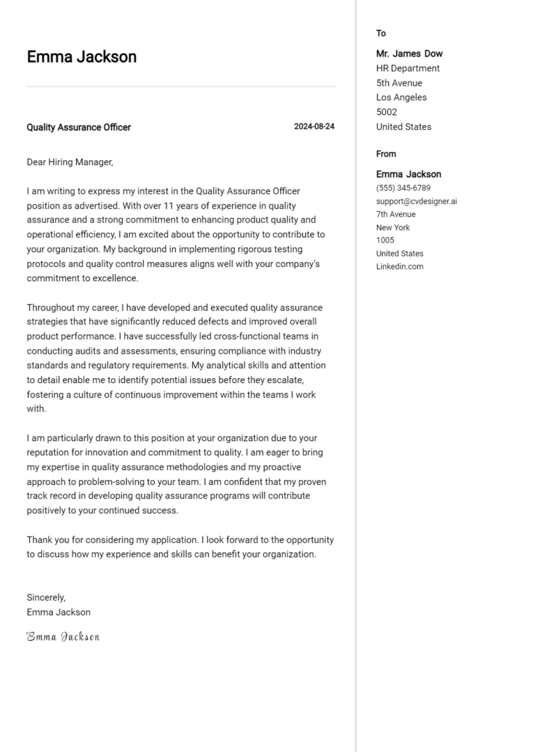 Quality Assurance Officer Cover Letter Examples for 2025 (Downloadable)