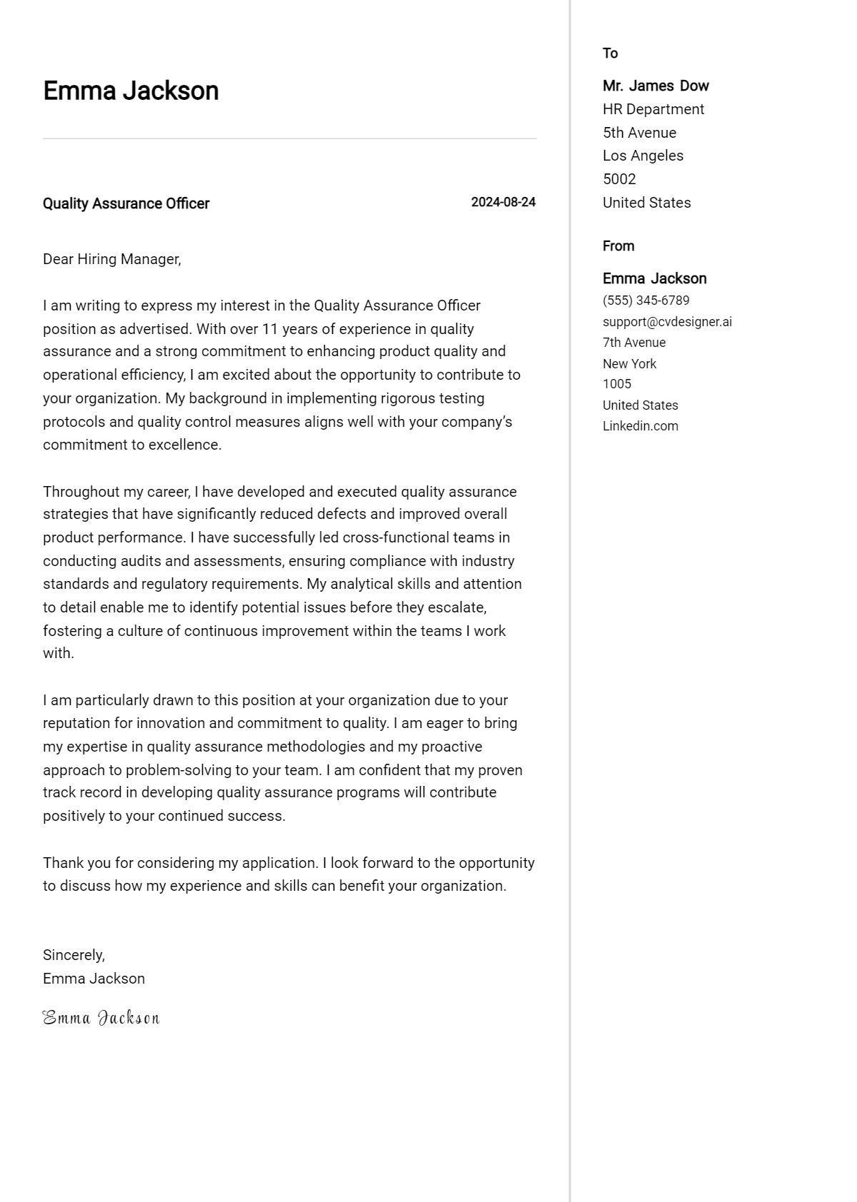 quality assurance officer cover letter example