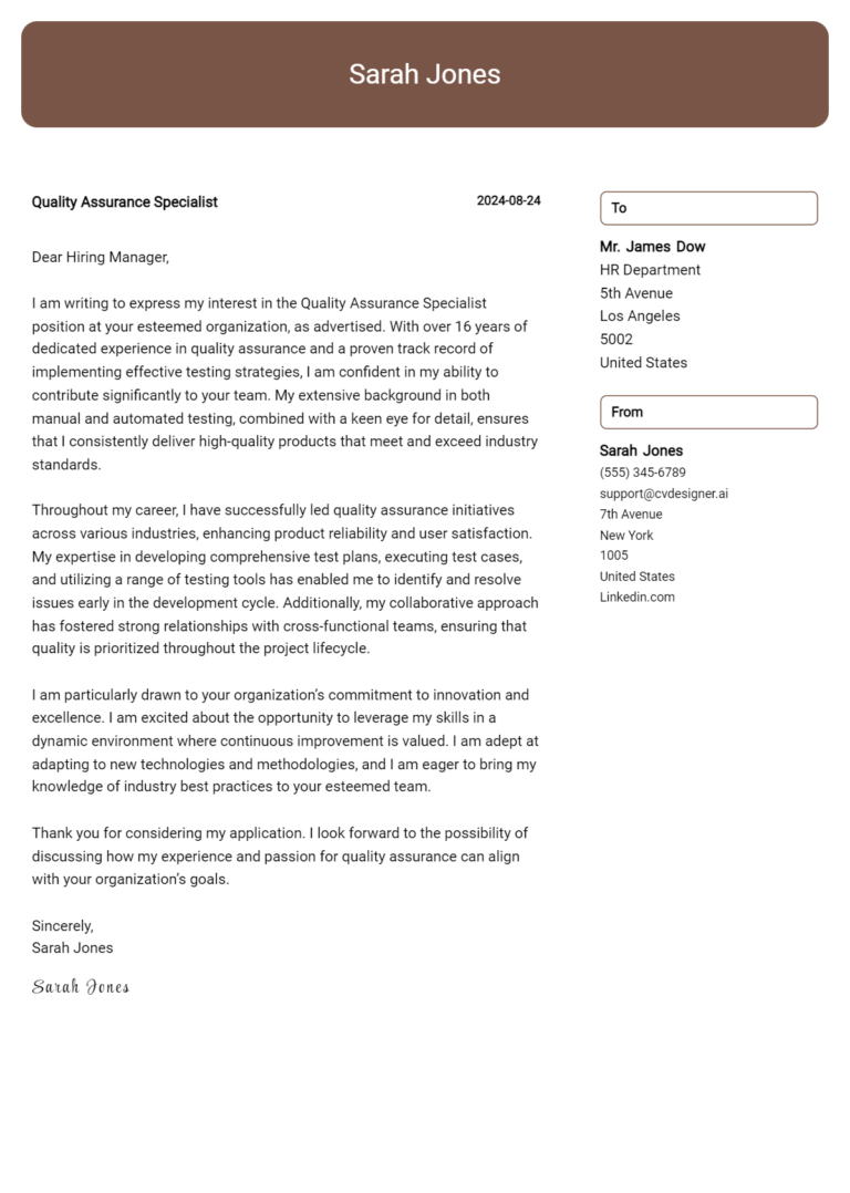 Quality Assurance Specialist Cover Letter Example for 2025: Expert Tips & Templates