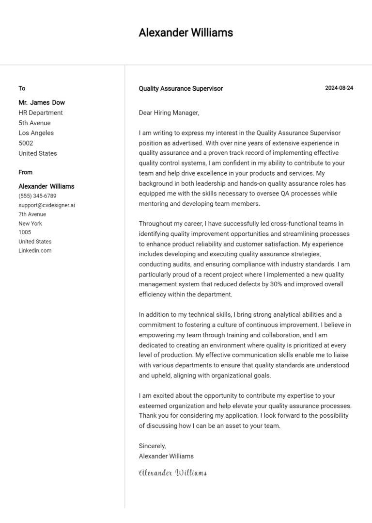 Quality Assurance Supervisor Cover Letter Example for 2025: Free Templates