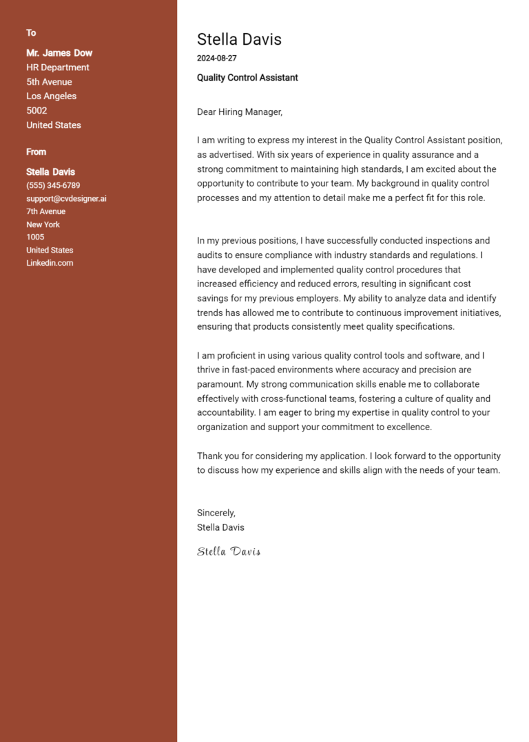 Quality Control Assistant Cover Letter Examples & Samples for 2025