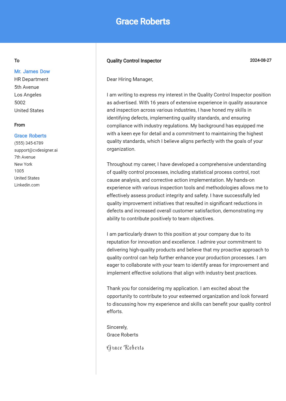quality control inspector cover letter example